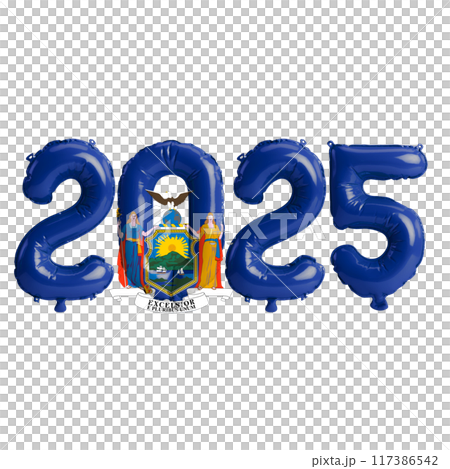 3D illustration of New Year 2025 balloons on the US state flag of New York, isolated on a transparent background 117386542