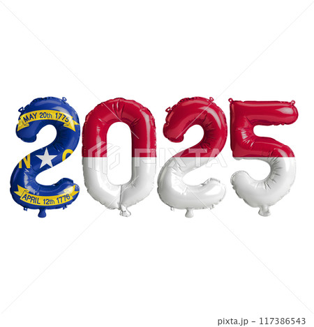 3D illustration of New Year 2025 balloons on the US state flag of North Carolina, isolated on a transparent background 3D illustration of New Year 2025 balloons on the US state flag of North Carolina, isolated on a transparent background 117386543