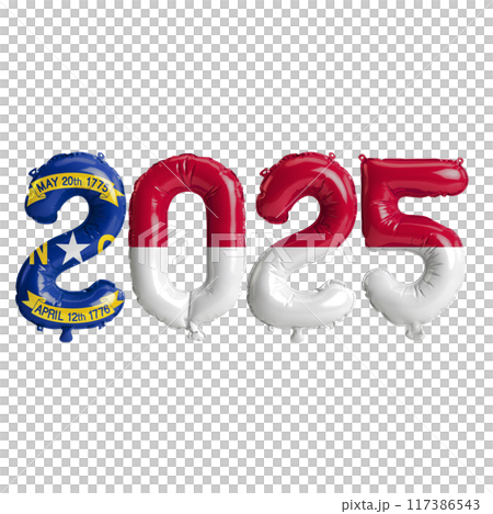 3D illustration of New Year 2025 balloons on the US state flag of North Carolina, isolated on a transparent background 3D illustration of New Year 2025 balloons on the US state flag of North Carolina, isolated on a transparent background 117386543