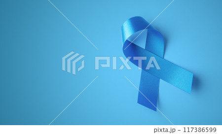 Blue ribbon on blue background, november health awareness concept, prostate cancer, diabetes day, copy space 117386599