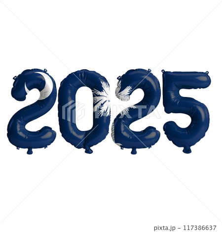 3D illustration of New Year 2025 balloons on the US state flag of South Carolina, isolated on a transparent background 3D illustration of New Year 2025 balloons on the US state flag of South Carolina, isolated on a transparent background 117386637