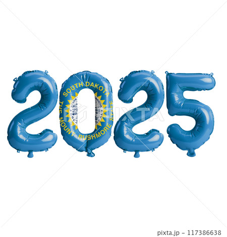 3D illustration of New Year 2025 balloons on the US state flag of South Dakota, isolated on a transparent background 117386638