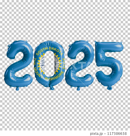 3D illustration of New Year 2025 balloons on the US state flag of South Dakota, isolated on a transparent background 117386638