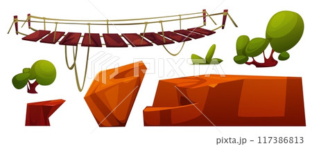 Old hanging wooden rope bridge and cliff edges Old hanging wooden rope bridge and cliff edges 117386813