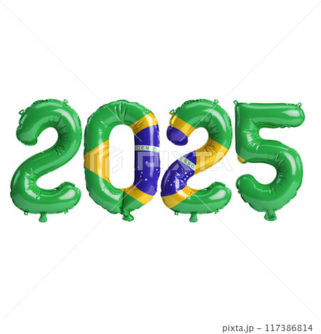 3D illustration of new year 2025 balloons on Brazil flag color, isolated on transparent background 3D illustration of new year 2025 balloons on Brazil flag color, isolated on transparent background 117386814