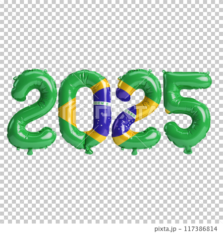 3D illustration of new year 2025 balloons on Brazil flag color, isolated on transparent background 3D illustration of new year 2025 balloons on Brazil flag color, isolated on transparent background 117386814