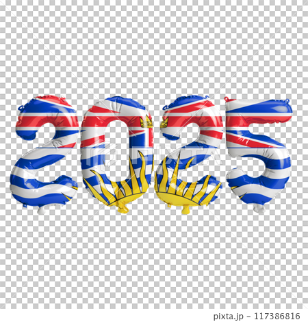 3D illustration of new year 2025 balloons on British Columbia flag color, isolated on transparent background 117386816