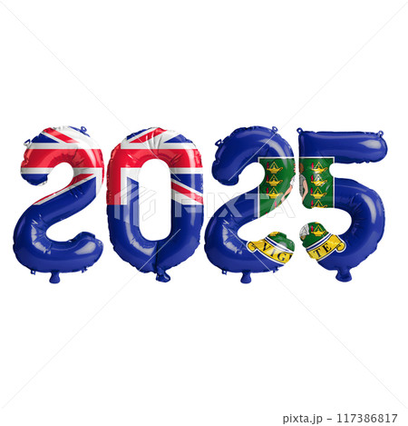 3D illustration of new year 2025 balloons on British Virgin Islands flag color, isolated on transparent background 117386817
