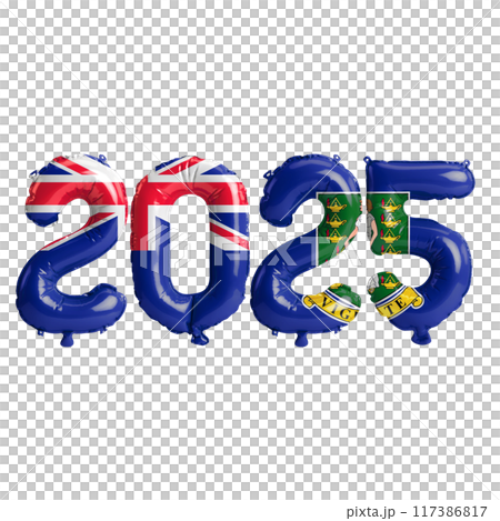 3D illustration of new year 2025 balloons on British Virgin Islands flag color, isolated on transparent background 117386817