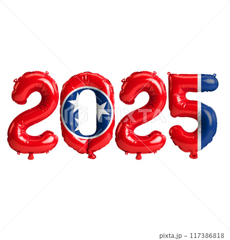 3D illustration of New Year 2025 balloons on the US state flag of Tennessee, isolated on a transparent background 117386818