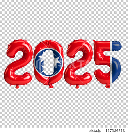 3D illustration of New Year 2025 balloons on the US state flag of Tennessee, isolated on a transparent background 117386818