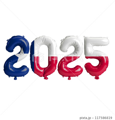 3D illustration of New Year 2025 balloons on the US state flag of Texas, isolated on a transparent background 117386819