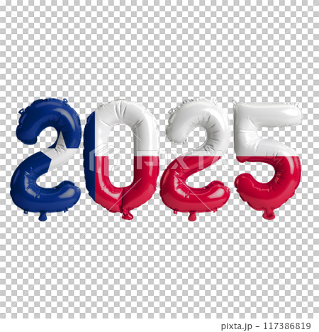 3D illustration of New Year 2025 balloons on the US state flag of Texas, isolated on a transparent background 117386819