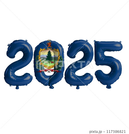 3D illustration of New Year 2025 balloons on the US state flag of Vermont, isolated on a transparent background 3D illustration of New Year 2025 balloons on the US state flag of Vermont, isolated on a transparent background 117386821