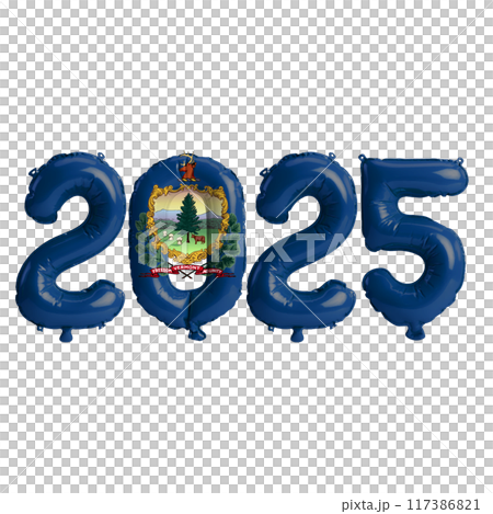 3D illustration of New Year 2025 balloons on the US state flag of Vermont, isolated on a transparent background 117386821