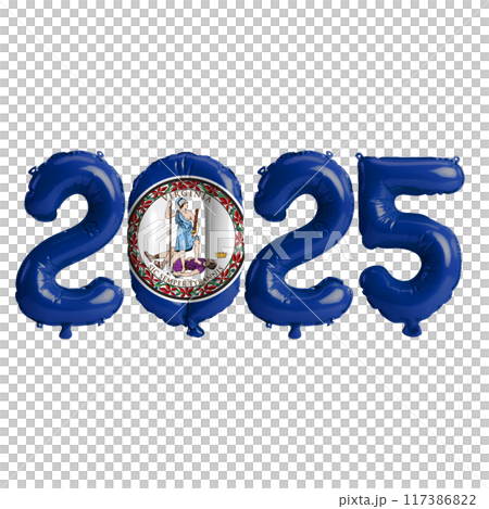 3D illustration of New Year 2025 balloons on the US state flag of Virginia, isolated on a transparent background 117386822