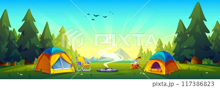 Camp tent in forest on sunrise. 117386823