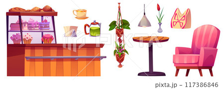 Coffee and bakery shop or cafe interior elements. Coffee and bakery shop or cafe interior elements. 117386846