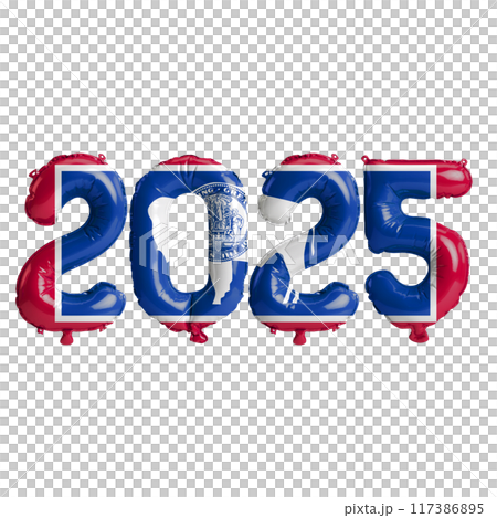 3D illustration of New Year 2025 balloons on the US state flag of Wyoming, isolated on a transparent background 3D illustration of New Year 2025 balloons on the US state flag of Wyoming, isolated on a transparent background 117386895