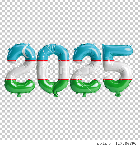 3D illustration of new year 2025 balloons on Uzbekistan flag color, isolated on transparent background 117386896