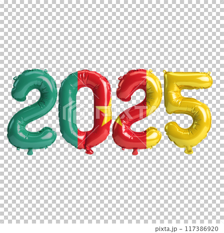 3D illustration of new year 2025 balloons on Cameroon flag color, isolated on transparent background 117386920