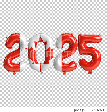 3D illustration of new year 2025 balloons on Canada flag color, isolated on transparent background 117386921
