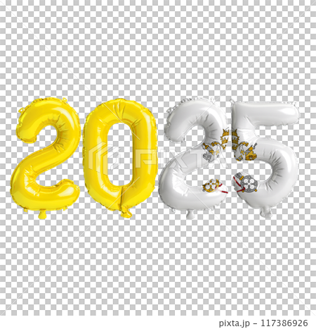 3D illustration of new year 2025 balloons on Vatican flag color, isolated on transparent background 117386926