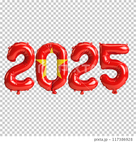 3D illustration of new year 2025 balloons on Vietnam flag color, isolated on transparent background 117386928