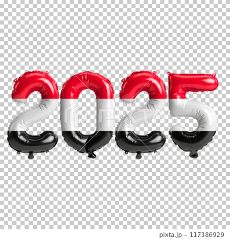 3D illustration of new year 2025 balloons on Yemen flag color, isolated on transparent background 117386929