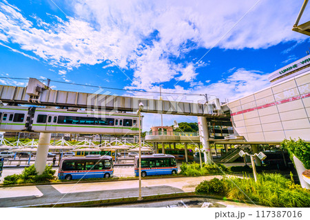 日本の鎌倉都市景観　湘南モノレール江の島線大船駅や大船観音などを望む(色あせうすくなった駅名文字） 117387016