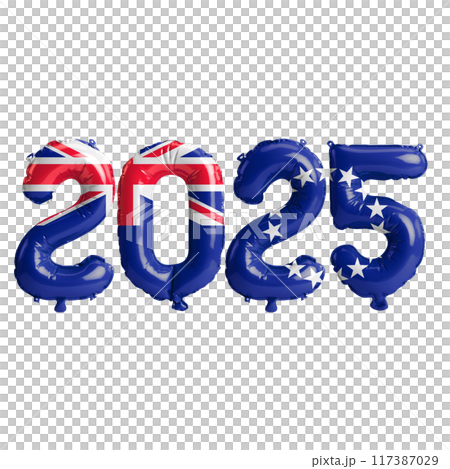 3D illustration of new year 2025 balloons on Cook Islands flag color, isolated on transparent background 117387029