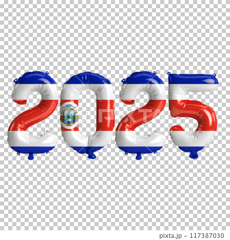 3D illustration of new year 2025 balloons on Costa Rica flag color, isolated on transparent background 117387030