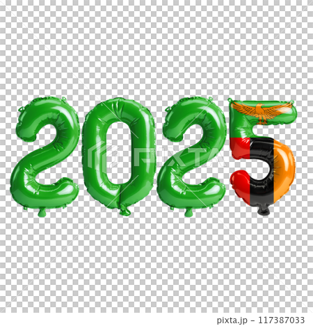 3D illustration of new year 2025 balloons on Zambia flag color, isolated on transparent background 117387033
