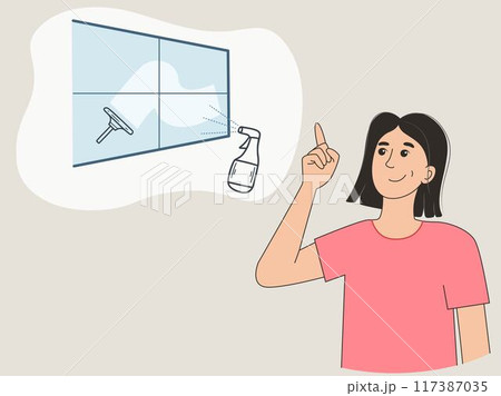 Woman housewife thinks about the need to wash window Woman housewife thinks about the need to wash window 117387035