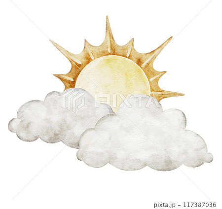 Pastel sun with beige cartoon clouds isolated on background. Hand drawn watercolor sunny illustration for girl or boy childish educational, nursery art. weather icons. Symbols for forecasts of Pastel sun with beige cartoon clouds isolated on background. Hand drawn watercolor sunny illustration for girl or boy childish educational, nursery art. weather icons. Symbols for forecasts of 117387036