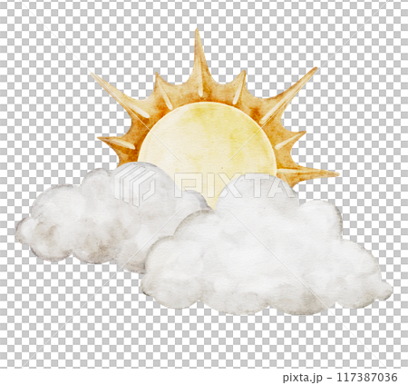 Pastel sun with beige cartoon clouds isolated on background. Hand drawn watercolor sunny illustration for girl or boy childish educational, nursery art. weather icons. Symbols for forecasts of Pastel sun with beige cartoon clouds isolated on background. Hand drawn watercolor sunny illustration for girl or boy childish educational, nursery art. weather icons. Symbols for forecasts of 117387036