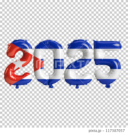 3D illustration of new year 2025 balloons on Cuba flag color, isolated on transparent background 117387057