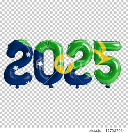 3D illustration of new year 2025 balloons on Christmas Island flag color, isolated on transparent background 117387064