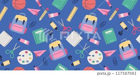 Back to school pattern. Cute school supplies. Vector illustration in flat style Back to school pattern. Cute school supplies. Vector illustration in flat style 117387081