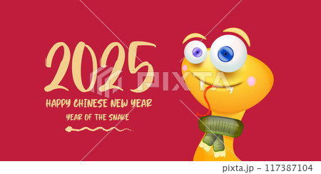 Happy Chinese New Year 2025 illustration vector design with cute and elegant golden snake. Cartoon snake with scarf symbol of 2025 lunar year. 117387104