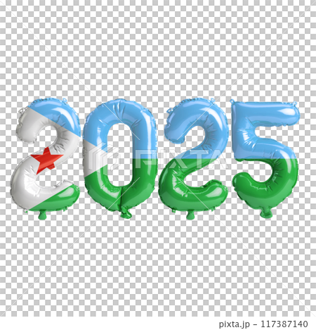 3D illustration of new year 2025 balloons on Djibouti flag color, isolated on transparent background 3D illustration of new year 2025 balloons on Djibouti flag color, isolated on transparent background 117387140