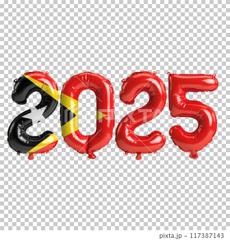 3D illustration of new year 2025 balloons on East Timor flag color, isolated on transparent background 117387143
