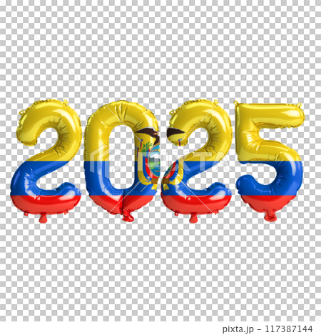3D illustration of new year 2025 balloons on Ecuador flag color, isolated on transparent background 117387144