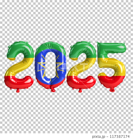 3D illustration of new year 2025 balloons on Ethiopia flag color, isolated on transparent background 117387174