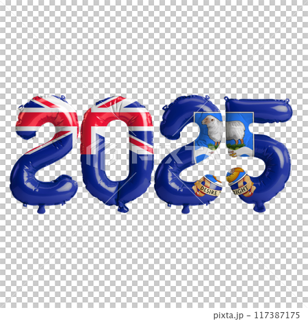 3D illustration of new year 2025 balloons on Falkland Islands flag color, isolated on transparent background 3D illustration of new year 2025 balloons on Falkland Islands flag color, isolated on transparent background 117387175