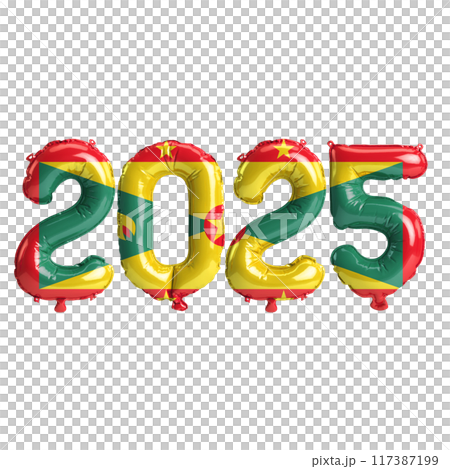 3D illustration of new year 2025 balloons on Grenada flag color, isolated on transparent background 117387199