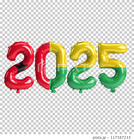 3D illustration of new year 2025 balloons on Guinea-Bissau flag color, isolated on transparent background 117387233