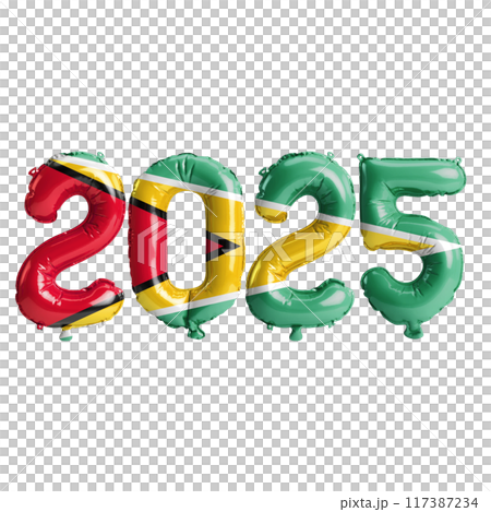 3D illustration of new year 2025 balloons on Guyana flag color, isolated on transparent background 117387234