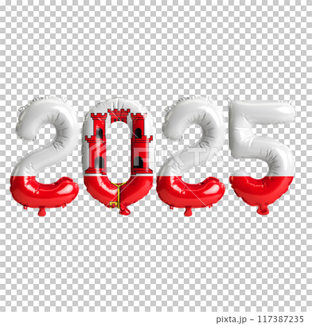 3D illustration of new year 2025 balloons on Gibraltar flag color, isolated on transparent background 117387235