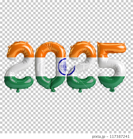 3D illustration of new year 2025 balloons on India flag color, isolated on transparent background 3D illustration of new year 2025 balloons on India flag color, isolated on transparent background 117387241